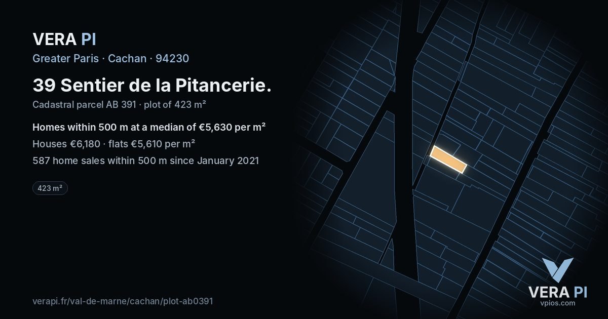 39 Sentier de la Pitancerie, Cachan at night – the plot lit, the parcels around coloured by the prices near them