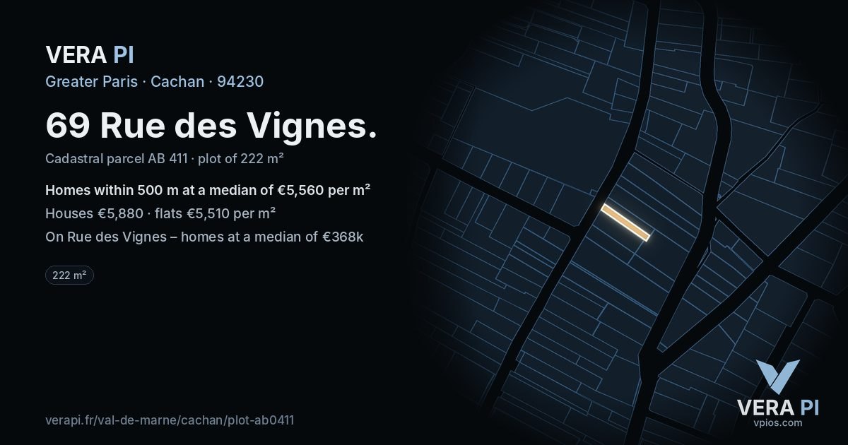 69 Rue des Vignes, Cachan at night – the plot lit, the parcels around coloured by the prices near them