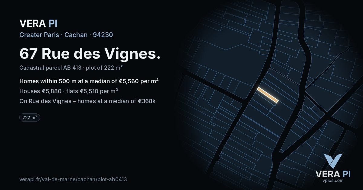 67 Rue des Vignes, Cachan at night – the plot lit, the parcels around coloured by the prices near them