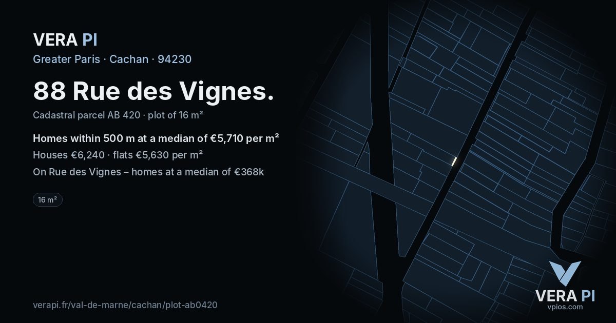 88 Rue des Vignes, Cachan at night – the plot lit, the parcels around coloured by the prices near them