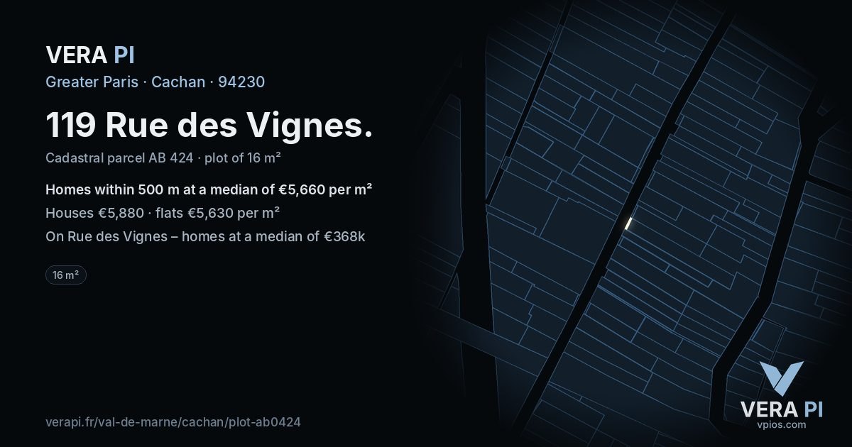 119 Rue des Vignes, Cachan at night – the plot lit, the parcels around coloured by the prices near them