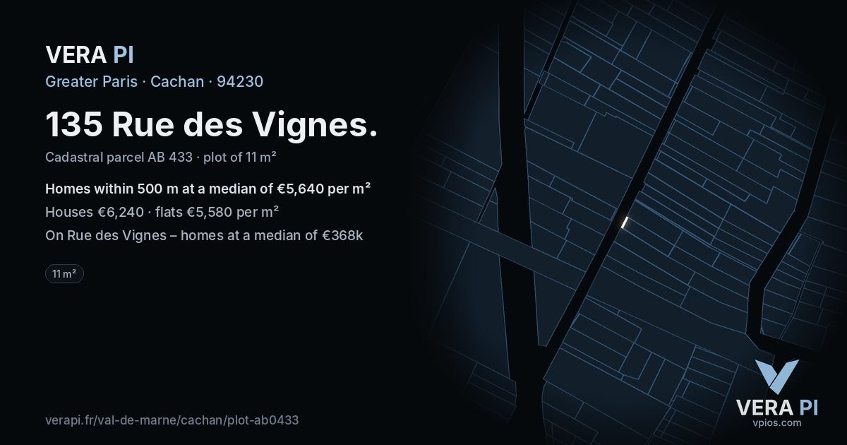 135 Rue des Vignes, Cachan at night – the plot lit, the parcels around coloured by the prices near them