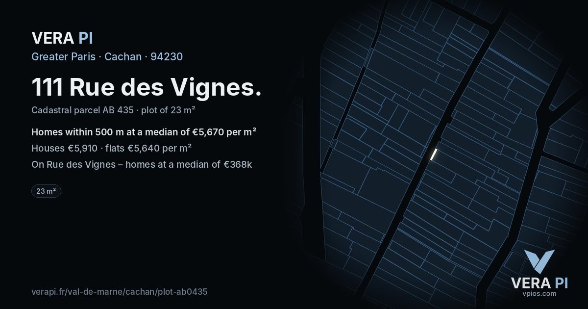 111 Rue des Vignes, Cachan at night – the plot lit, the parcels around coloured by the prices near them