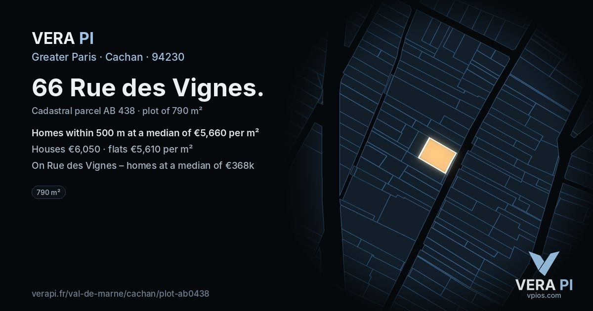 66 Rue des Vignes, Cachan at night – the plot lit, the parcels around coloured by the prices near them
