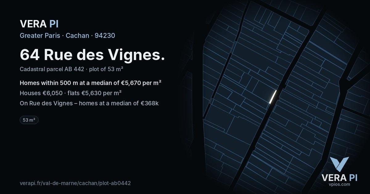 64 Rue des Vignes, Cachan at night – the plot lit, the parcels around coloured by the prices near them