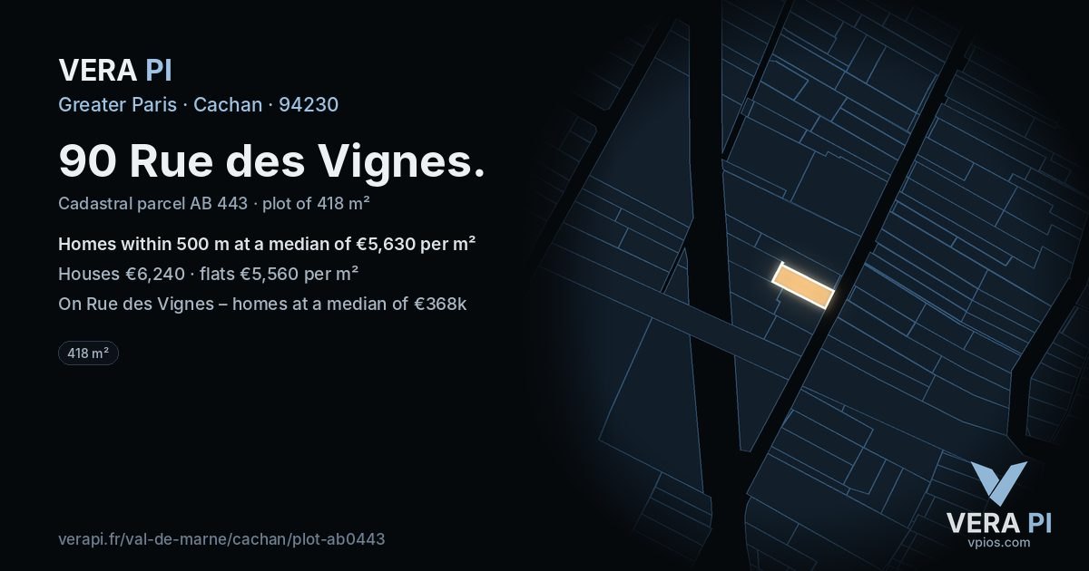 90 Rue des Vignes, Cachan at night – the plot lit, the parcels around coloured by the prices near them