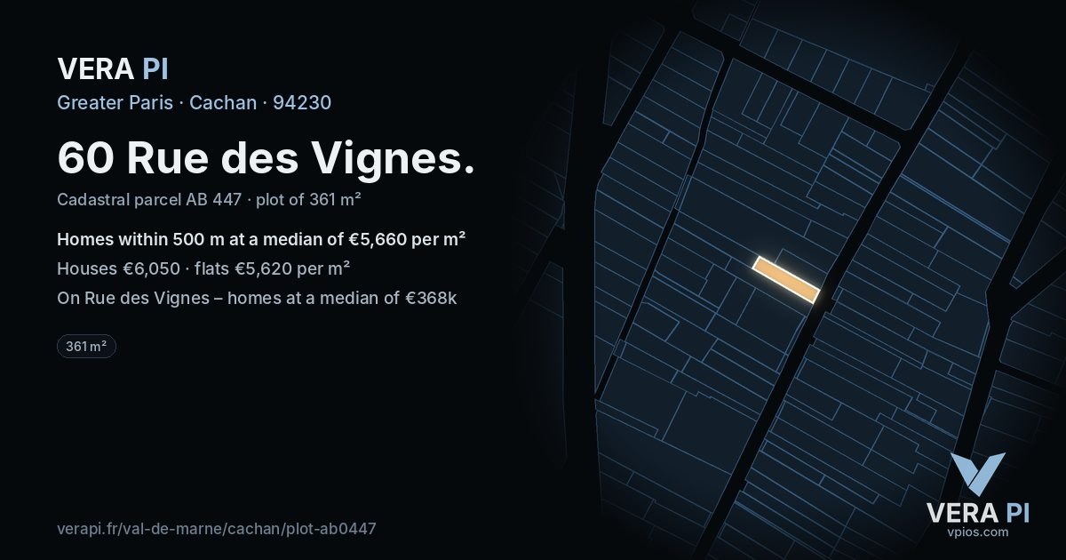 60 Rue des Vignes, Cachan at night – the plot lit, the parcels around coloured by the prices near them