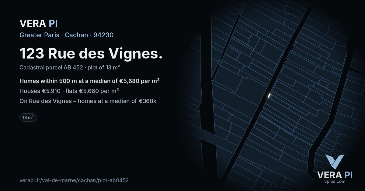 123 Rue des Vignes, Cachan at night – the plot lit, the parcels around coloured by the prices near them