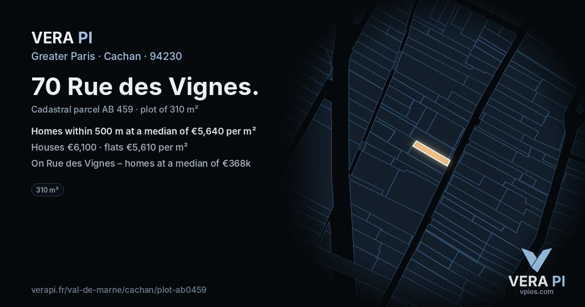 70 Rue des Vignes, Cachan at night – the plot lit, the parcels around coloured by the prices near them