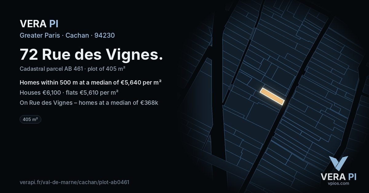 72 Rue des Vignes, Cachan at night – the plot lit, the parcels around coloured by the prices near them