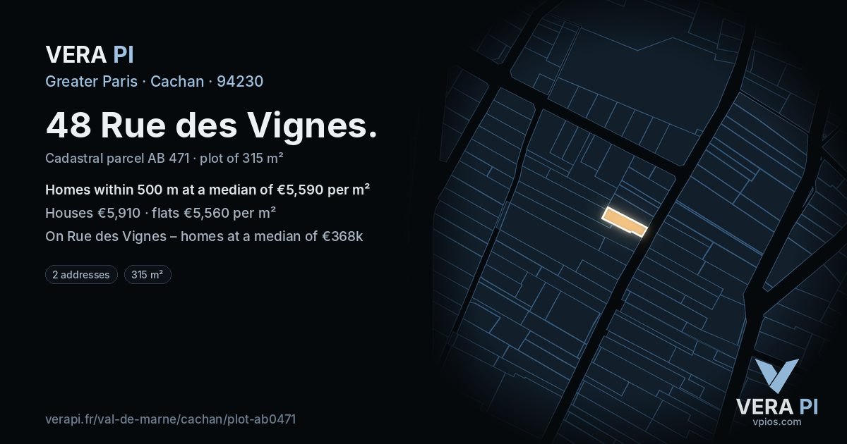 48 Rue des Vignes, Cachan at night – the plot lit, the parcels around coloured by the prices near them