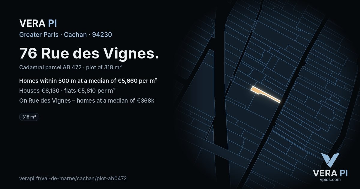 76 Rue des Vignes, Cachan at night – the plot lit, the parcels around coloured by the prices near them
