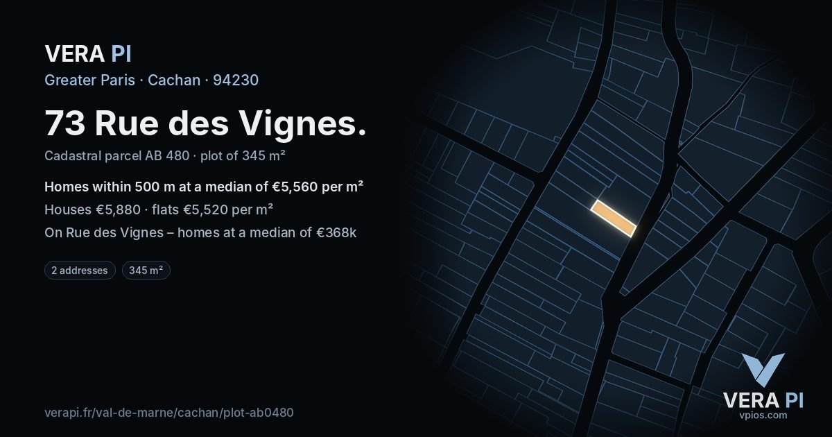 73 Rue des Vignes, Cachan at night – the plot lit, the parcels around coloured by the prices near them