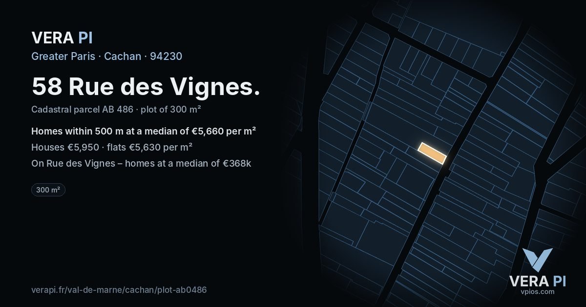 58 Rue des Vignes, Cachan at night – the plot lit, the parcels around coloured by the prices near them