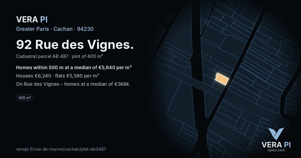 92 Rue des Vignes, Cachan at night – the plot lit, the parcels around coloured by the prices near them