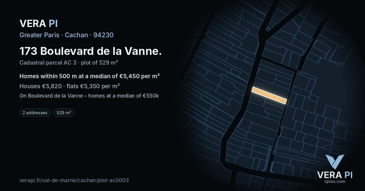 173 Boulevard de la Vanne, Cachan at night – the plot lit, the parcels around coloured by the prices near them