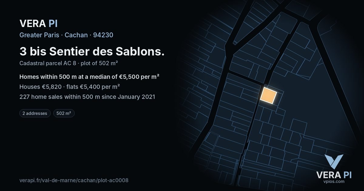 3 bis Sentier des Sablons, Cachan at night – the plot lit, the parcels around coloured by the prices near them