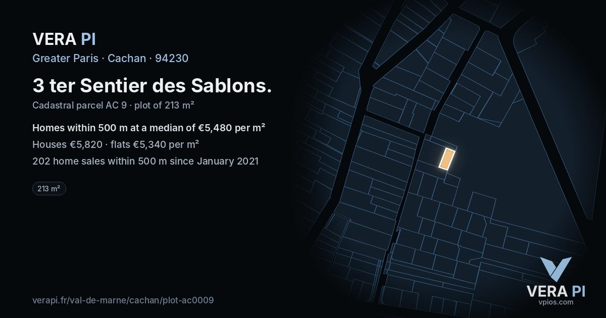 3 ter Sentier des Sablons, Cachan at night – the plot lit, the parcels around coloured by the prices near them