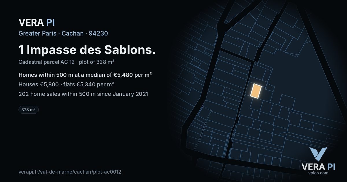 1 Impasse des Sablons, Cachan at night – the plot lit, the parcels around coloured by the prices near them