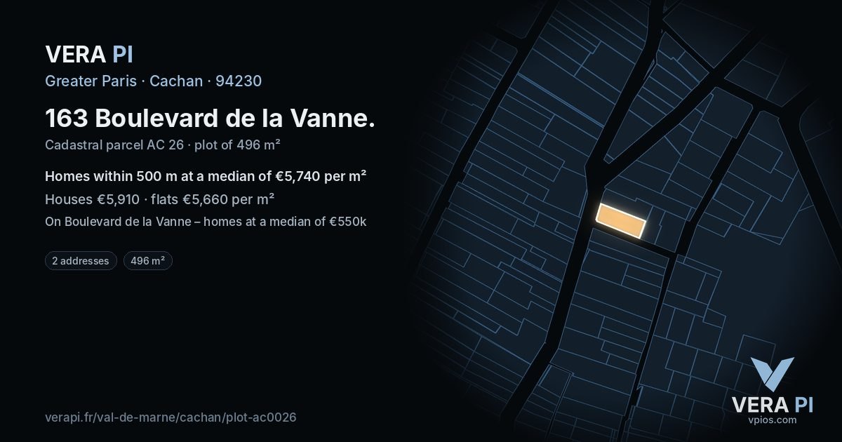 163 Boulevard de la Vanne, Cachan at night – the plot lit, the parcels around coloured by the prices near them