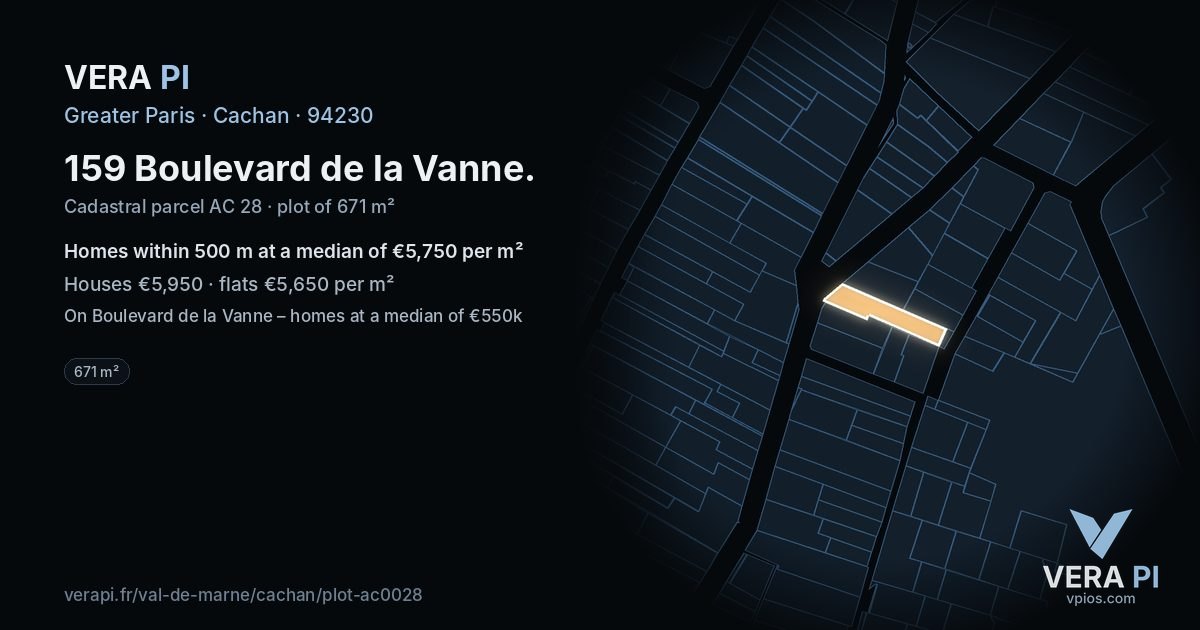 159 Boulevard de la Vanne, Cachan at night – the plot lit, the parcels around coloured by the prices near them