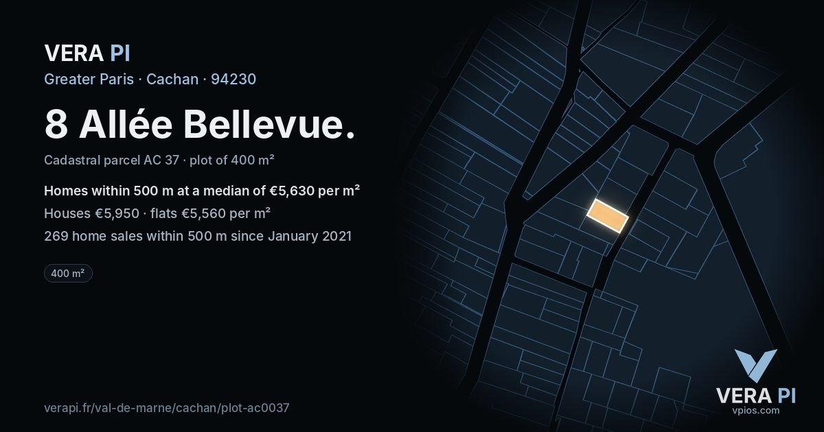 8 Allée Bellevue, Cachan at night – the plot lit, the parcels around coloured by the prices near them