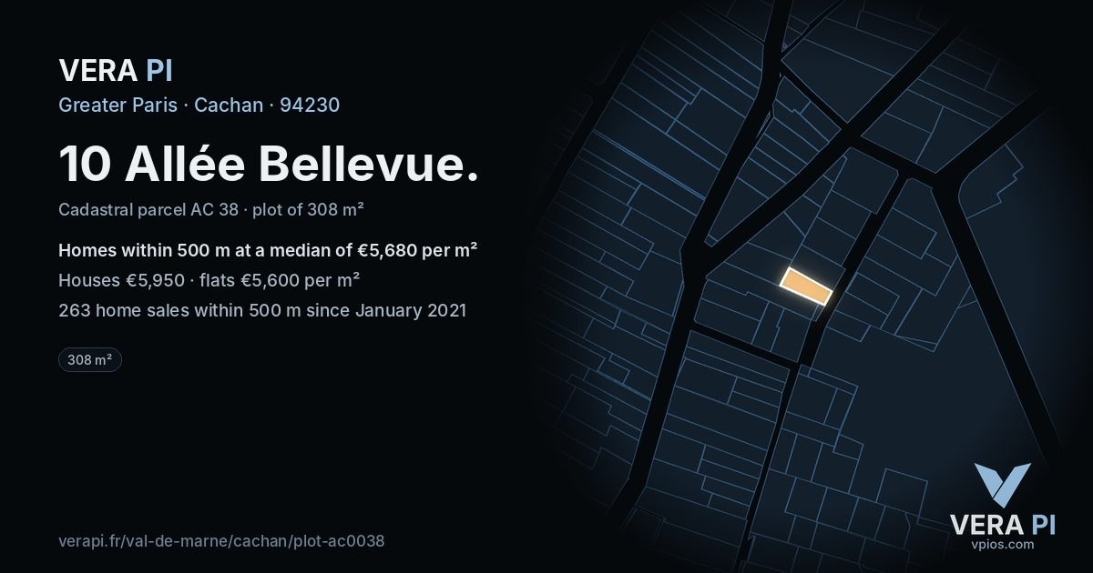 10 Allée Bellevue, Cachan at night – the plot lit, the parcels around coloured by the prices near them