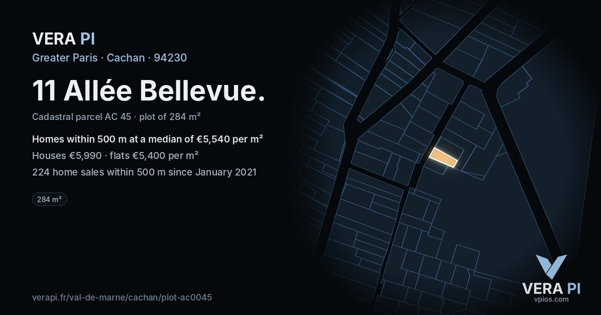 11 Allée Bellevue, Cachan at night – the plot lit, the parcels around coloured by the prices near them