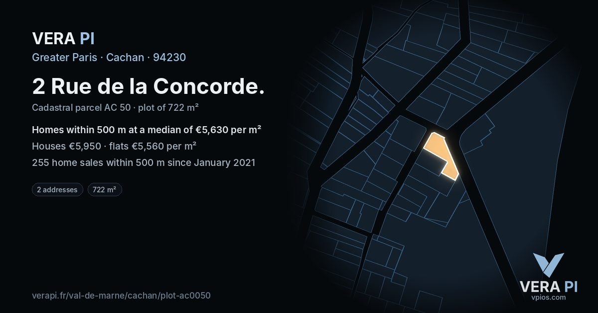2 Rue de la Concorde, Cachan at night – the plot lit, the parcels around coloured by the prices near them