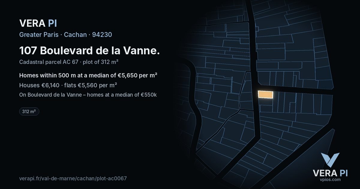 107 Boulevard de la Vanne, Cachan at night – the plot lit, the parcels around coloured by the prices near them