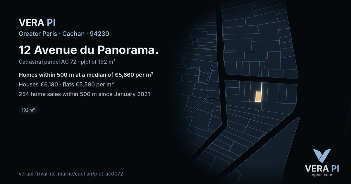 12 Avenue du Panorama, Cachan at night – the plot lit, the parcels around coloured by the prices near them