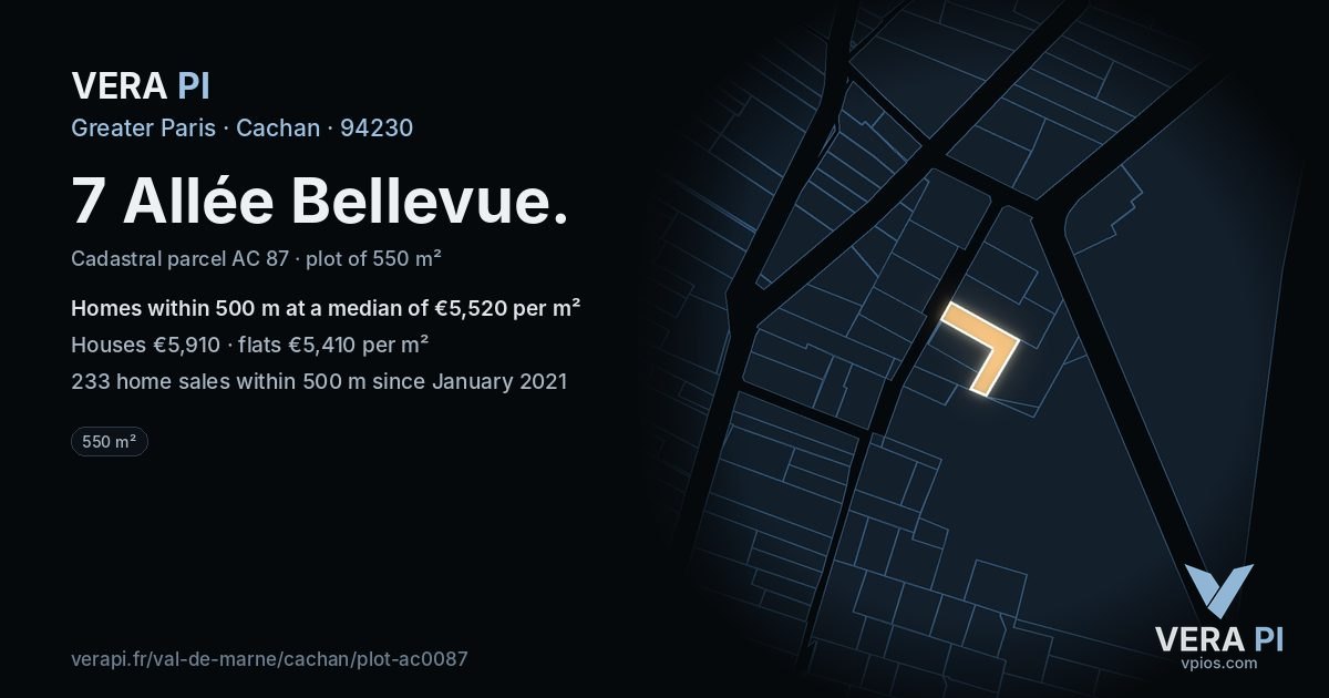 7 Allée Bellevue, Cachan at night – the plot lit, the parcels around coloured by the prices near them