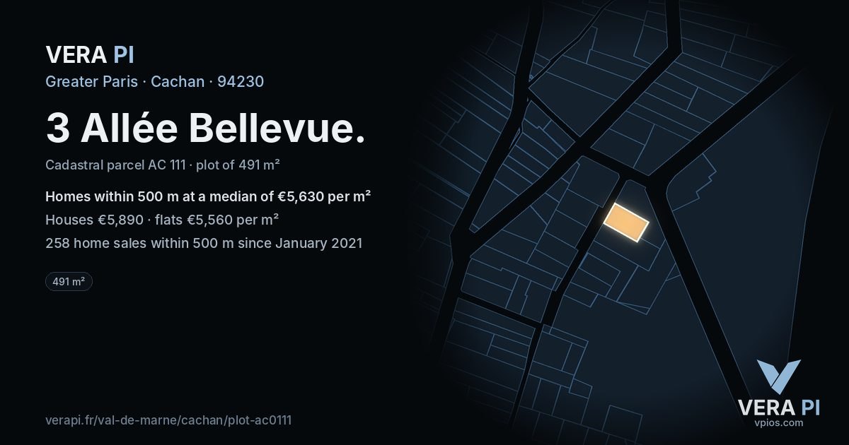 3 Allée Bellevue, Cachan at night – the plot lit, the parcels around coloured by the prices near them