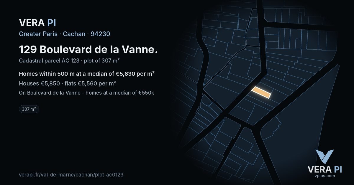129 Boulevard de la Vanne, Cachan at night – the plot lit, the parcels around coloured by the prices near them