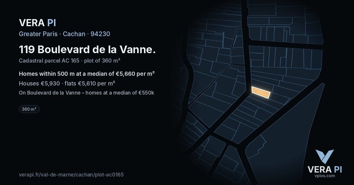 119 Boulevard de la Vanne, Cachan at night – the plot lit, the parcels around coloured by the prices near them