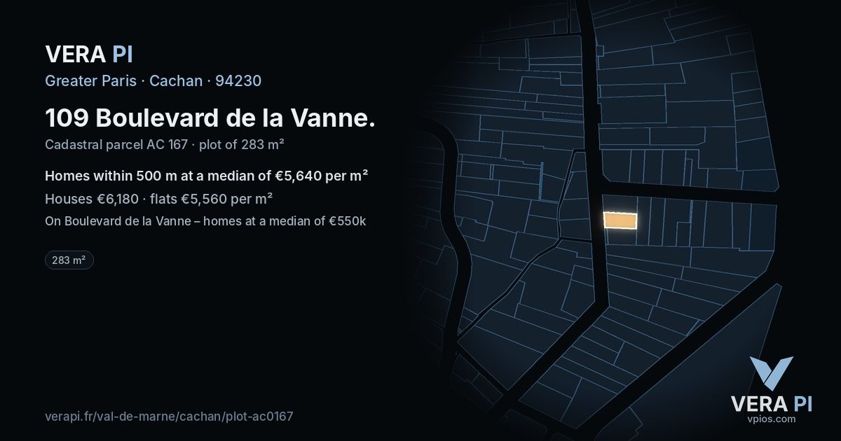 109 Boulevard de la Vanne, Cachan at night – the plot lit, the parcels around coloured by the prices near them