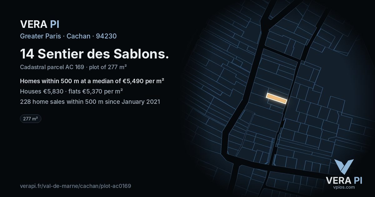 14 Sentier des Sablons, Cachan at night – the plot lit, the parcels around coloured by the prices near them