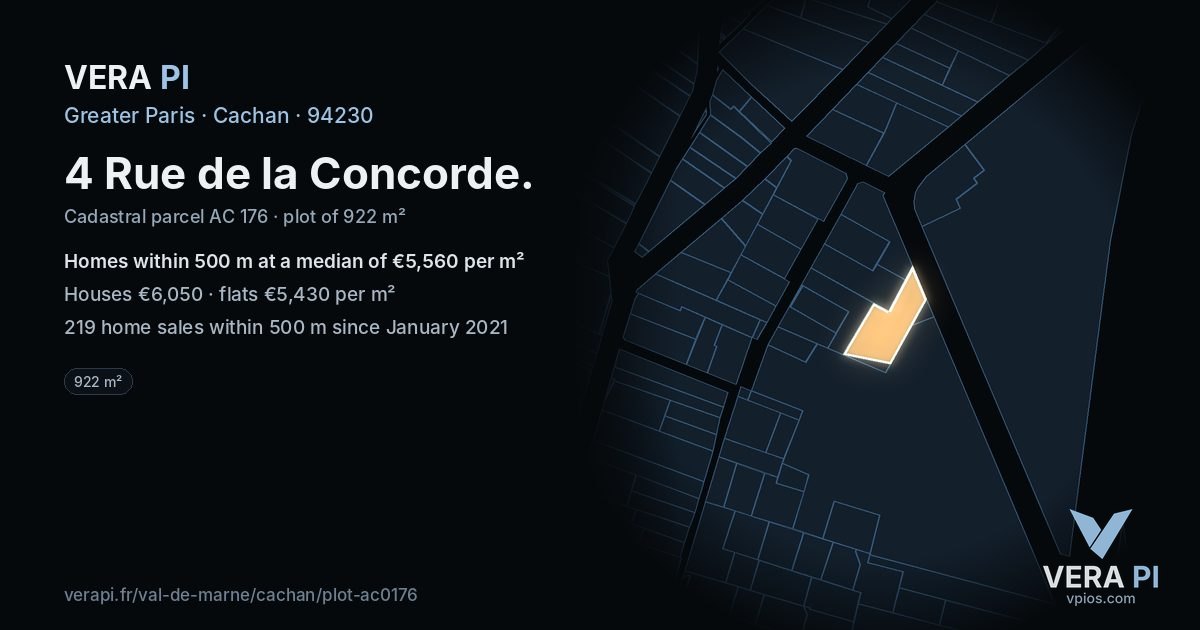 4 Rue de la Concorde, Cachan at night – the plot lit, the parcels around coloured by the prices near them