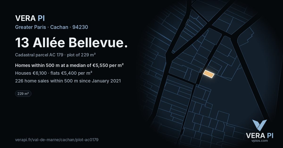 13 Allée Bellevue, Cachan at night – the plot lit, the parcels around coloured by the prices near them