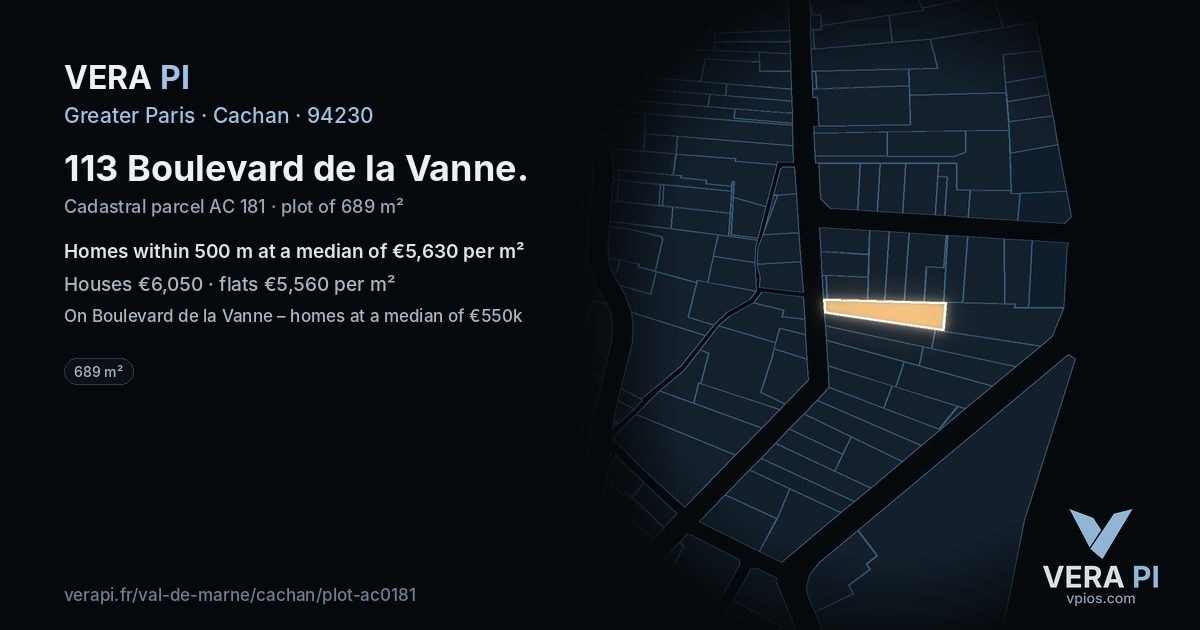 113 Boulevard de la Vanne, Cachan at night – the plot lit, the parcels around coloured by the prices near them
