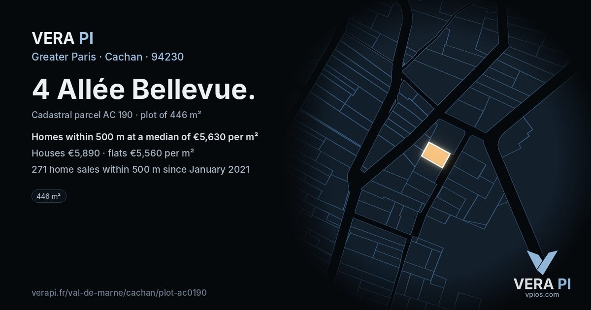 4 Allée Bellevue, Cachan at night – the plot lit, the parcels around coloured by the prices near them