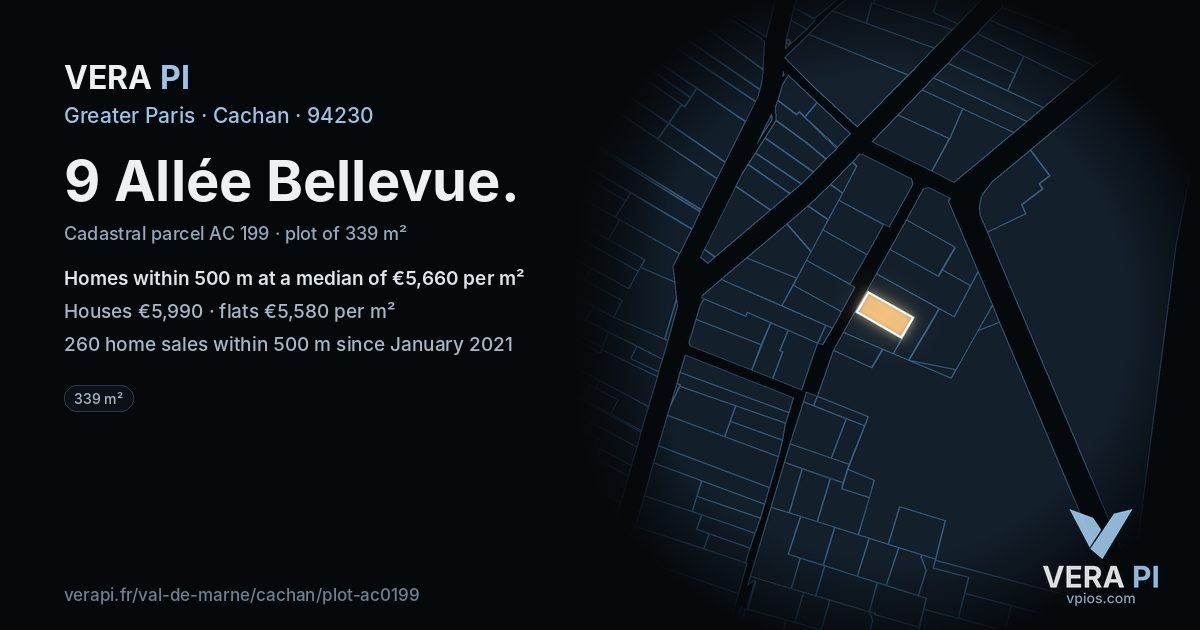 9 Allée Bellevue, Cachan at night – the plot lit, the parcels around coloured by the prices near them