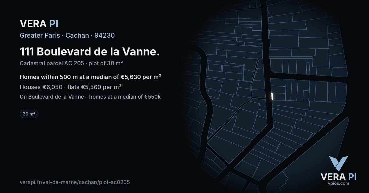 111 Boulevard de la Vanne, Cachan at night – the plot lit, the parcels around coloured by the prices near them