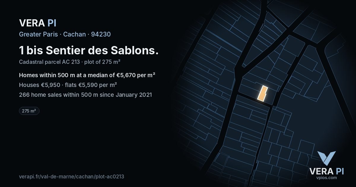 1 bis Sentier des Sablons, Cachan at night – the plot lit, the parcels around coloured by the prices near them