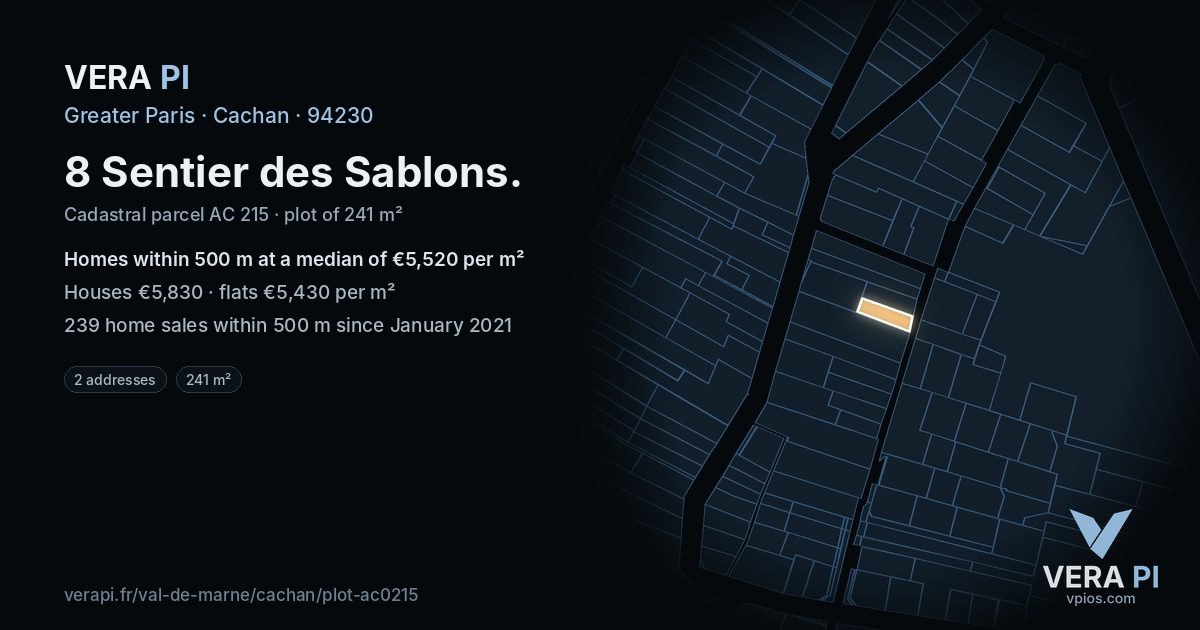 8 Sentier des Sablons, Cachan at night – the plot lit, the parcels around coloured by the prices near them