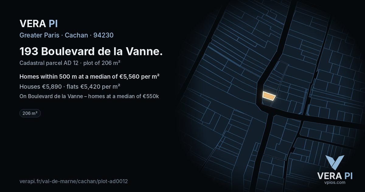 193 Boulevard de la Vanne, Cachan at night – the plot lit, the parcels around coloured by the prices near them