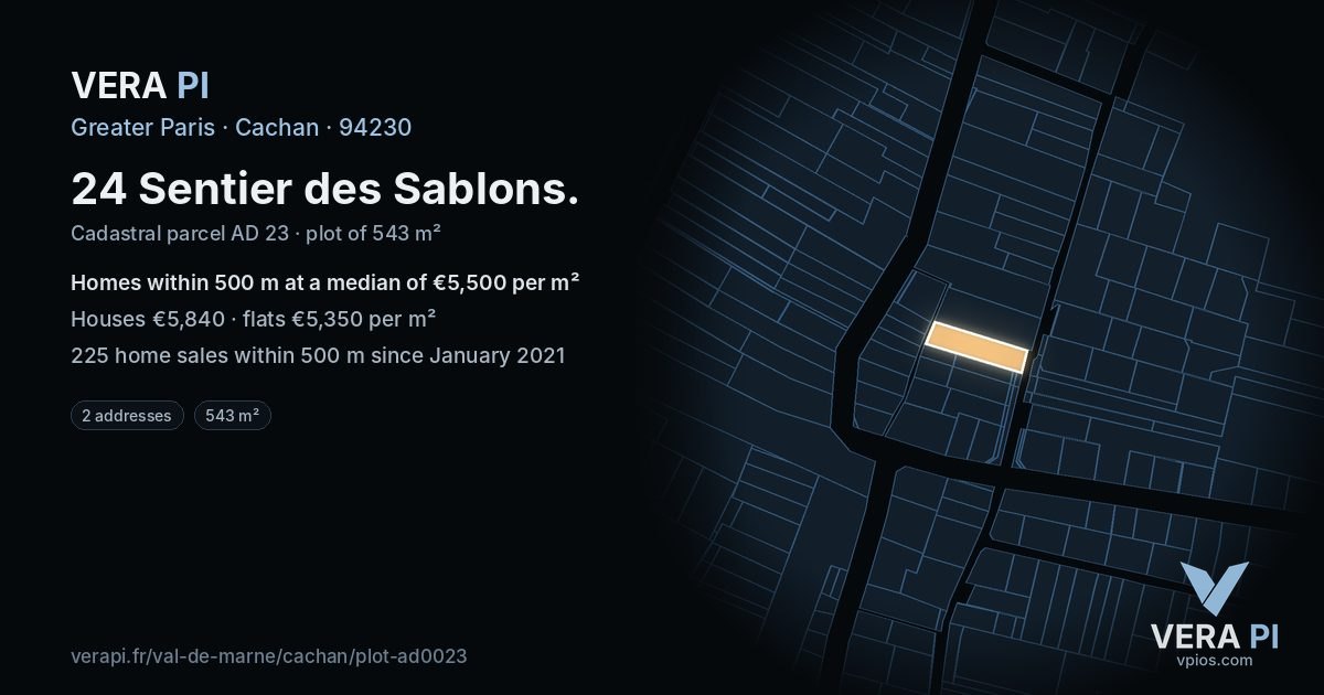 24 Sentier des Sablons, Cachan at night – the plot lit, the parcels around coloured by the prices near them