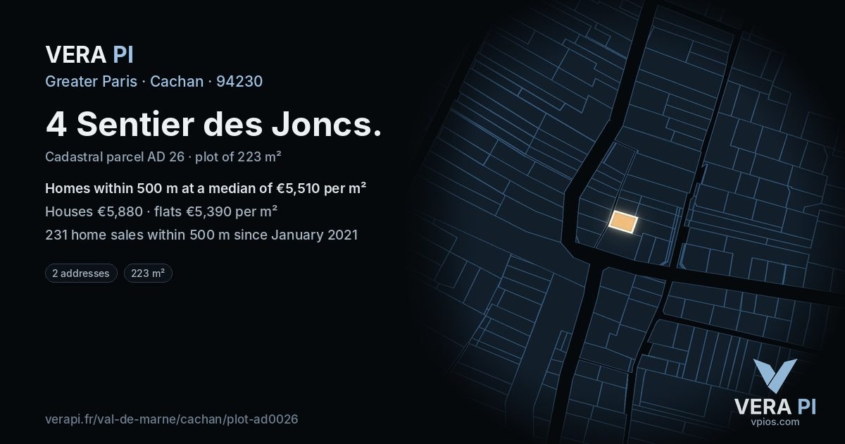 4 Sentier des Joncs, Cachan at night – the plot lit, the parcels around coloured by the prices near them