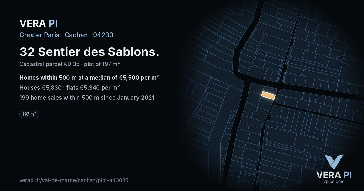 32 Sentier des Sablons, Cachan at night – the plot lit, the parcels around coloured by the prices near them