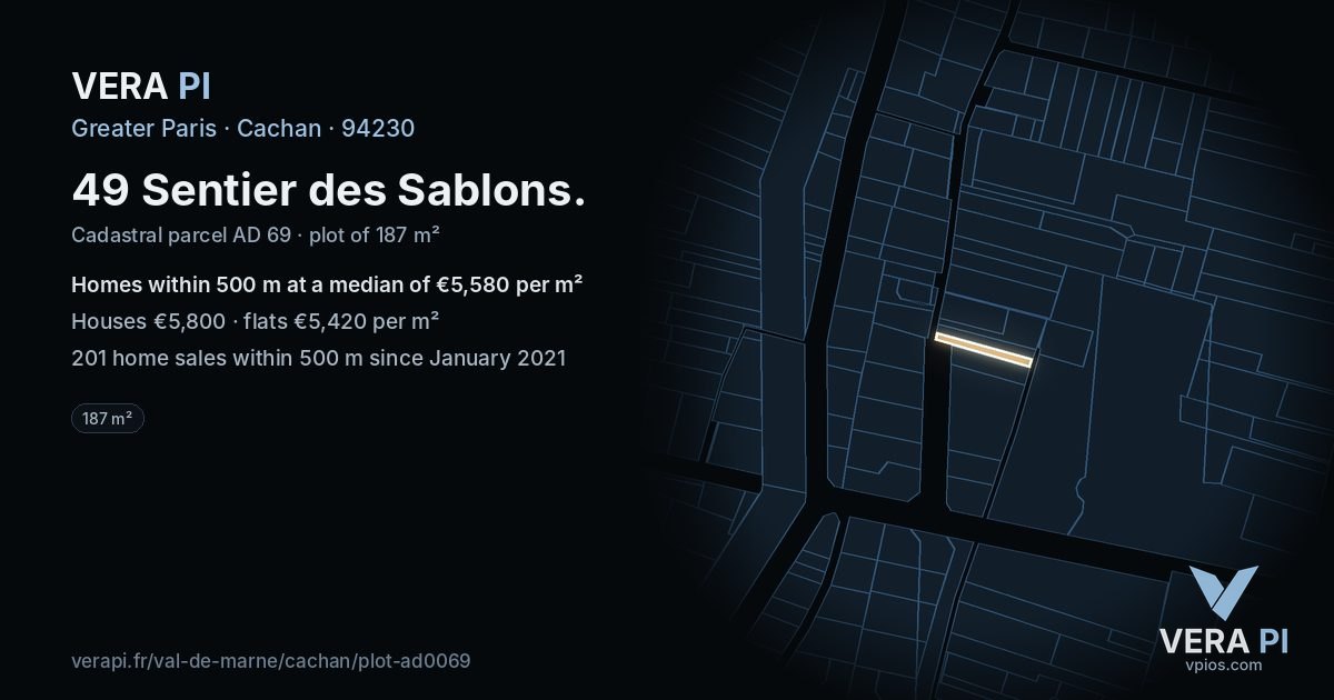 49 Sentier des Sablons, Cachan at night – the plot lit, the parcels around coloured by the prices near them